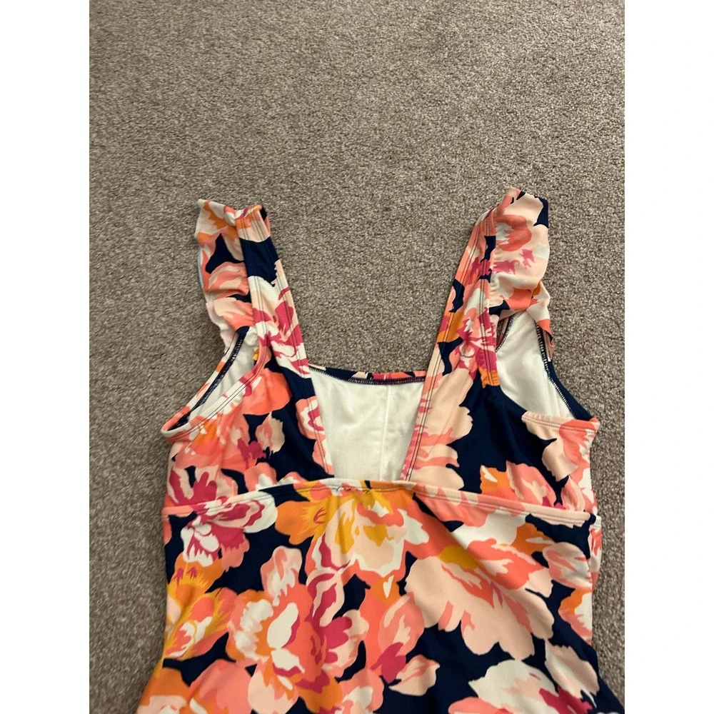 Kona Sol One Piece Swimsuit Women XL 16 Navy Pink Floral Ruffle Ruched Excellent